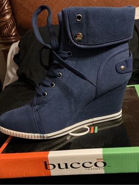 bucco Navy Canvas Wedge Lace-Up Bootie